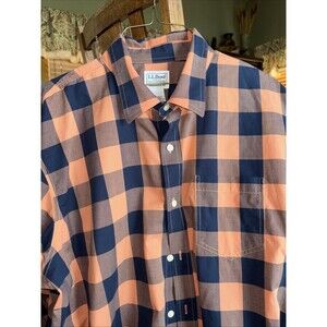 LL Bean Mens Shirt XL Traditional Fit Checker Button Orange Black Long Sleeve